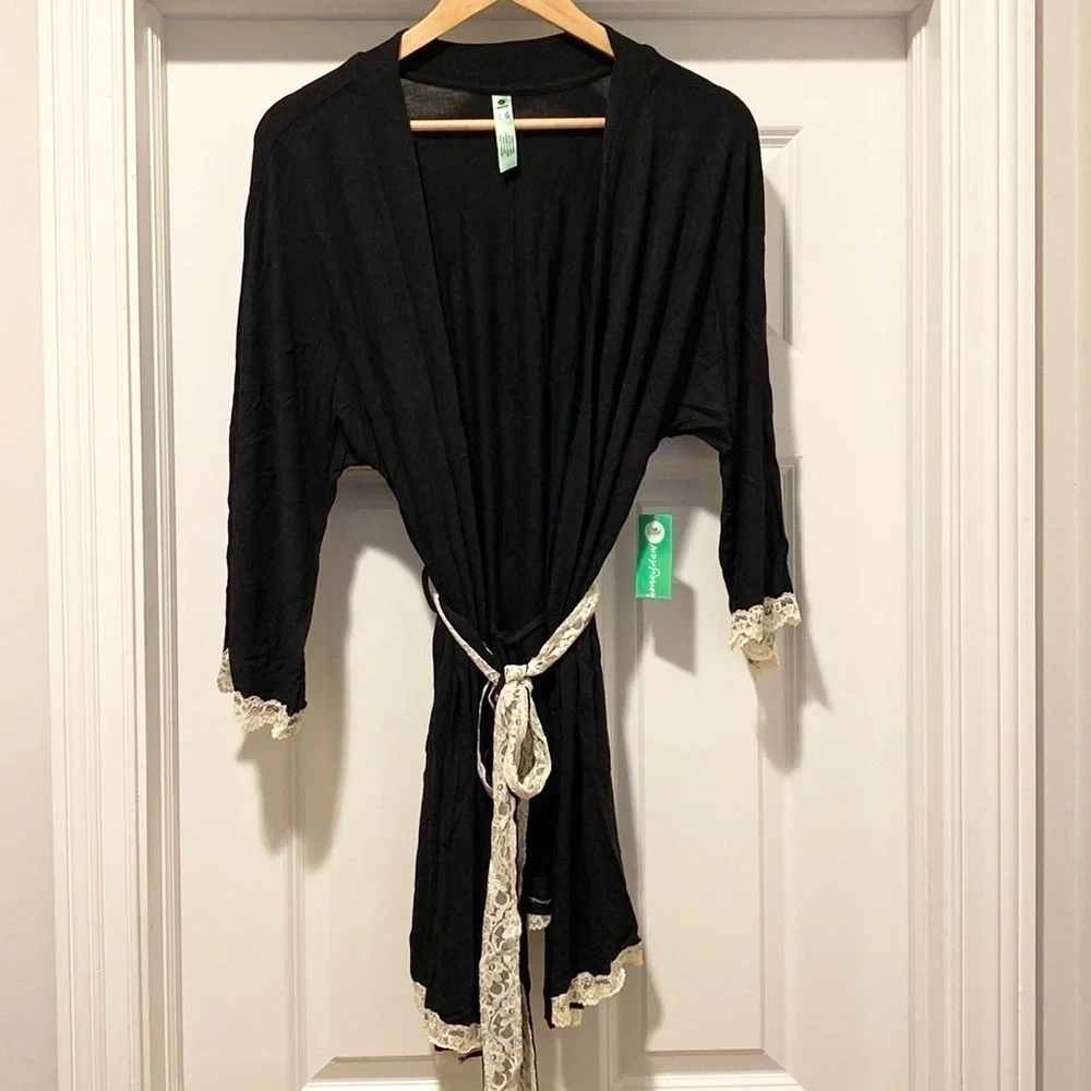 NWT Honeydew Intimates Lace Trim Lingerie Robe in Black